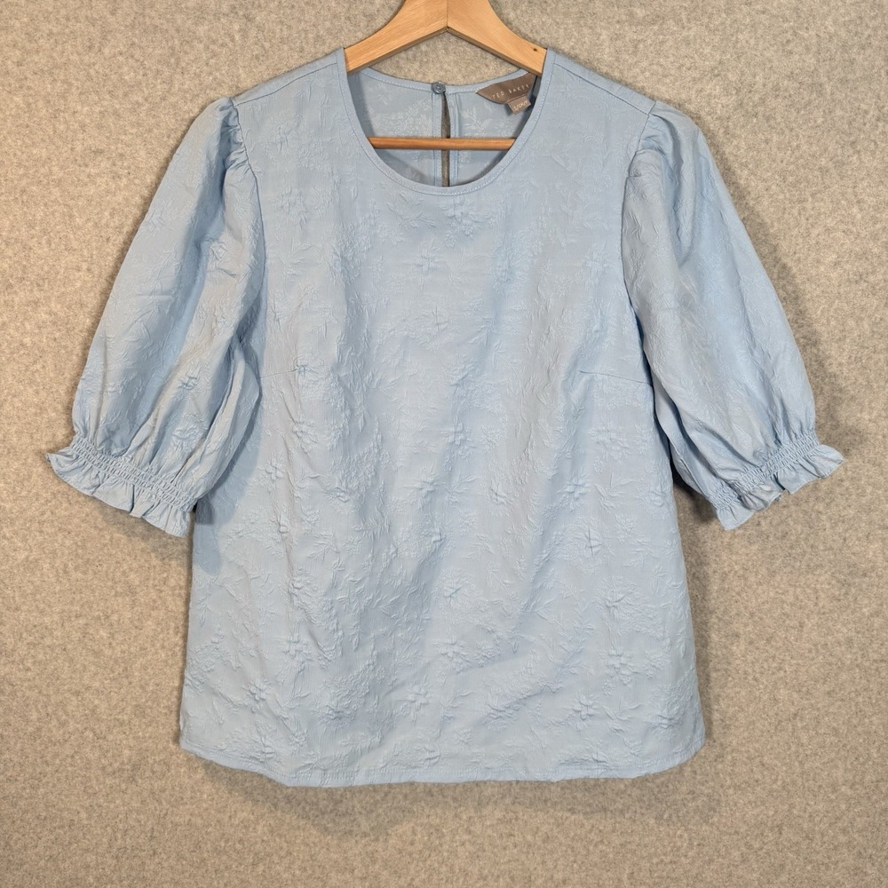 Ted baker blouse womens‎ small blue puff sleeve top shirt floral embossed